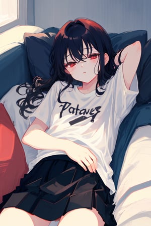 Beautiful little girl. a white t-shirt, black skirt. Detailed image, long hair. Black hair and white locks, red eyes. ((masterpiece: 1.2)), sofa, sleeping, anime style.