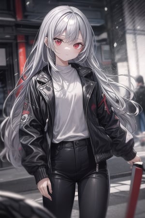 1 woman, red eyes, closed mouth, long hair, silver hair, looks cool, wears black jacket with white shirt, black pants, DArt