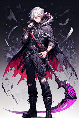 alone, looking at viewer, 1 woman, holding, hair between eyes, mouth closed, standing, weapon, gray hair, red eyes, male focus, boots, belt, pants, hood, long hair, coat, black shoes, holding gun , gradient, torn clothes, gradient background, black pants, cape, black cape, scythe, black cape,
scythe in hand, cape torn, torn,blad4,anime,ARI1,
portrait, DArt