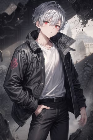 1 boy, red eyes, closed mouth, short hair, silver hair, looks cool, wears black jacket with white shirt, black pants,DArt