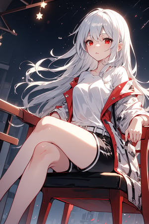 long hair, silver hair, red eyes, 1 woman, white t-shirt, black and red jacket, black and white shorts, sitting on a balcony chair looking at the sky, night, starry sky, apartment,1 girl