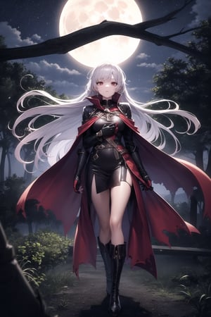 masterpiece, best quality, 1 woman, alone, night sky, outdoors, moon, stars, clouds, wind, long silver hair, boots, cape, red eyes, torn clothes, tree, night,