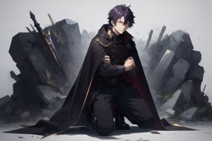 1 man, very dark purple hair, yellow eyes, loose worn shirt, black pants, black torn cape, holding a bow, prostrate on one knee, uncapped, day.,Ultra details++ ,DArt