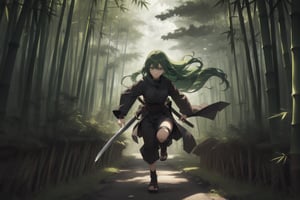 1 woman, long hair, green hair, green eyes, ninja outfit, holding katana while running in bamboo forest, looking sideways.
