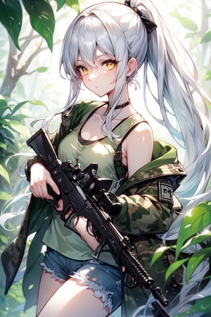 long hair, ponytail hair, white hair, yellow eyes, medium chest, gray tank top, shot camouflage design, holding an ak-47, jungle.
,1 girl
