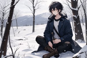 man, black hair, short hair, messy hair, dark blue winter coat with white, black pants, white simple t-shirt, brown winter boots, outdoors meadow, sword sitting on a hill,ARI1