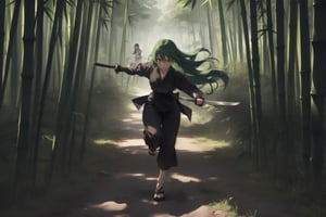 1 woman, long hair, green hair, green eyes, kunoichi outfit, holding katana while running in bamboo forest, looking sideways.
