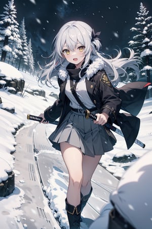 1 girl, very long hair, white hair, yellow eyes, medium chest, black coat, gray skirt, unsheathing a katana while escaping from a snow monster gole, snow golen behind, escape, frozen wasteland, storm, snow , tundra, katana sword, running, breathing, tired, open mouth, fog.
,firefly \(honkai: star rail\)