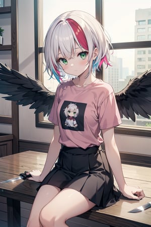 1 girl, short hair, white hair with several red side strands, multicolored hair, green eyes, small chest, pink t-shirt, black skirt, thigh-high messiah, polishing a knife, while sitting, knife, sitting, bored, wings black.
,aatoru