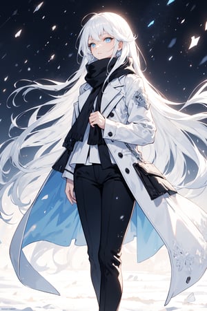 long hair, white hair, light blue eyes, 1 woman, black and white coat, black pants, standing blue scarf, looking at the sky, night, starry sky, snowing, beautiful hands.