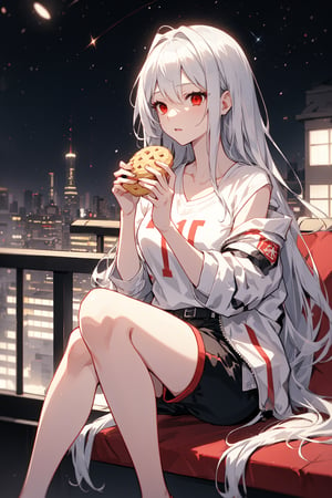 long hair, silver hair, red eyes, 1 woman, white t-shirt, black and red jacket, black and white shorts, sitting on a balcony chair looking at the sky, night, starry sky, apartment, eating a cookie.,1 girl, beautiful hands.