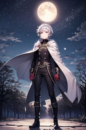 masterpiece, best quality, 1 man, alone, night sky, outdoors, moon, stars, clouds, wind, short silver hair, boots, cape, red eyes, torn clothes, tree, night,