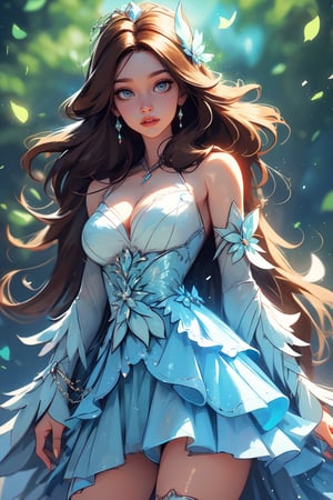 pretty girl with long brown hair and blue eyes that glow. She's in a forest at night. She wears a light blue princess dress. 