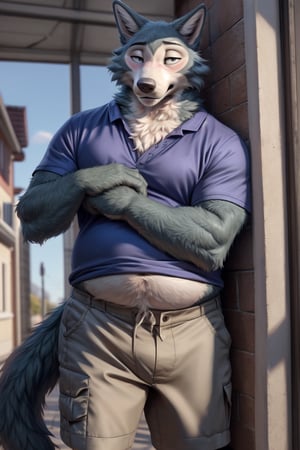 by personalami, by hioshiru, by zackary911, by null-ghost), male, anthro_wolf, solo, legoshi_(beastars), fat body, college, standing, really small shirt surrounding moobs, shirt being pushed outwards by belly, big moobs, bottom wear, cargo shorts, safe, standing, soft, claws, black pupils, (fat:1.0), soft body, (correct anatomy:)7.0, Big belly, detailed belly, a person in his belly, (detailed clothing), natural lighting, best quality, legoshi, big belly, big pecs, best quality,soft belly, blushing,person in belly, pudgy belly, fat rolls, flabby arms, fluffy cheeks, embarrassed, belly wrapped in tight shirt, young teenager, white or blue button-up T-shirt