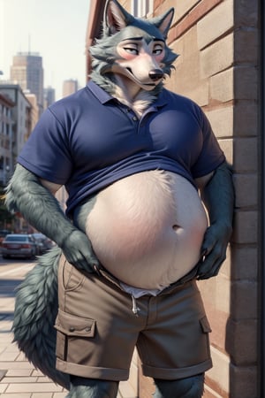 by personalami, by hioshiru, by zackary911, by null-ghost), male, anthro_wolf, solo, legoshi_(beastars), fat body, college, standing, really small shirt surrounding moobs, shirt being pushed outwards by belly, big moobs, bottom wear, cargo shorts, safe, standing, soft, claws, black pupils, (fat:1.0), soft body, (correct anatomy:)7.0, Big belly, detailed belly, a person in his belly, (detailed clothing), natural lighting, best quality, legoshi, big belly, big pecs, best quality,soft belly, blushing,person in belly, pudgy belly, fat rolls, flabby arms, fluffy cheeks, embarrassed, belly wrapped in tight shirt, young teenager, white and blue grid pattern button-up T-shirt, hem with outward flaps
