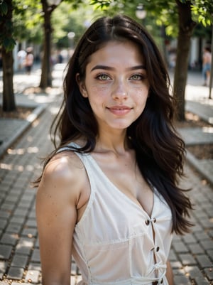 "full body shot, a photo of lunai, ((20 years old, black wavy hair, dark green eyes)), dressed in a summer dress, captured in a park in Buenos Aires, walking through the square, (Best quality, 8k, 32k, Masterpiece, Photoreal, UHD:1.2, realistic lighting), detailed skin texture, sharp focus, highly details, soft and perfect body, perfect hands, beautiful hands, beautiful legs, detailed eyes."