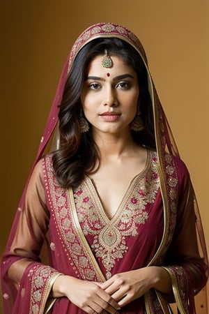 Her hair is long, dark, and lustrous, partially visible beneath the elegantly draped dupatta that adorns her head and shoulders, respecting her Muslim heritage. The dupatta, a piece of fine, lightweight fabric, is richly embroidered with traditional Pakistani motifs, incorporating colors like deep reds, vibrant greens, and golds, symbolizing the richness of her culture.
