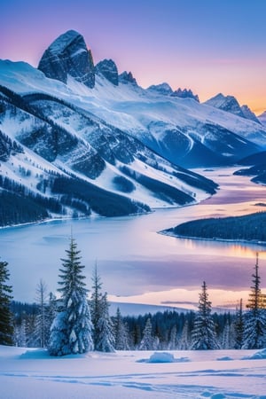 Capture the stark beauty of her realm, where ice-capped mountains tower under a twilight sky, painted in hues of blue and violet. The landscape around her is serene yet alive, with the occasional glint of light reflecting off the snow, suggesting the presence of her subjects or the spirits of winter.