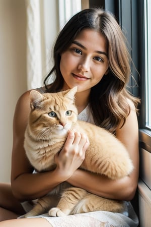 a youthful woman with a gentle smile cradling a fluffy cat. The shot, taken with a DSLR camera, boasts hyper-realistic detail. Sunlight filters through a nearby window, highlighting the intricate textures of the woman's light, airy dress and the soft, intricate fur patterns of the cat she holds lovingly. Each strand of hair, the subtle expressions in their eyes, and the delicate interplay of shadows and light are rendered with astounding clarity and depth. This image, rich in detail and emotion, showcases the bond between human and pet, evoking a sense of warmth and serenity.