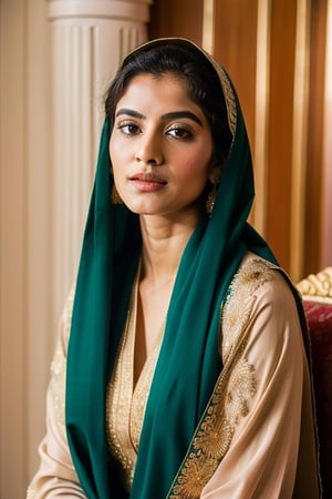 Her hair is long, dark, and lustrous, partially visible beneath the elegantly draped dupatta that adorns her head and shoulders, respecting her Muslim heritage. The dupatta, a piece of fine, lightweight fabric, is richly embroidered with traditional Pakistani motifs, incorporating colors like deep reds, vibrant greens, and golds, symbolizing the richness of her culture.