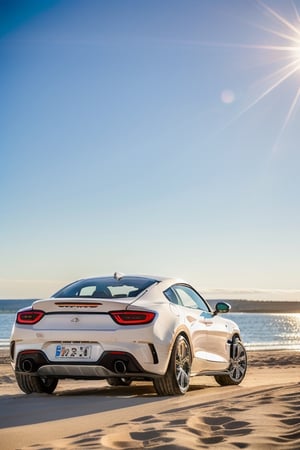 Visualize a sleek, high-performance sports car, its polished surfaces reflecting the soft hues of sunset at the beach. The car, a model of luxury and speed, is parked on a smooth, sandy shore, positioned to capture the golden hour light shimmering off its meticulously crafted metallic body. The color of the car contrasts vividly with the soft pastels of the sky and the creamy white of the sand, making it the undeniable focal point of the composition.The car's design is the epitome of modern engineering, featuring aerodynamic lines that sweep back from the aggressive front grille to the streamlined rear. The headlights are crystal clear, with intricate LED patterns that look like jewels ready to light up the evening. Chrome details on the door handles, side mirrors, and rims catch the last rays of sunlight, creating tiny flares that add a magical sparkle to the scene.In the foreground, the fine grains of sand are in sharp focus, with individual particles glistening like tiny diamonds caught in the warm light. The bokeh effect begins subtly, blurring the gentle waves of the ocean in the background and the occasional silhouette of a distant seagull flying low. The soft, blurred lights and colors merge into a dreamy backdrop that enhances the car's sharp, dynamic features.This setting not only emphasizes the raw beauty and elegance of the sports car but also evokes a sense of serene isolation and luxury, as if the car and its owner have all the freedom of the world at their disposal, with the vast, open beach and the endless horizon beyond."