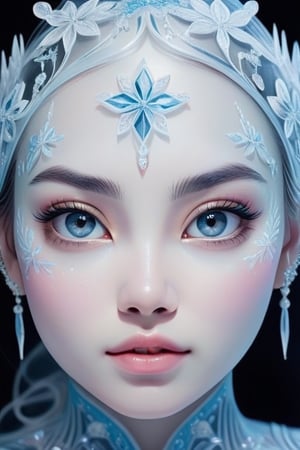 A (((vividly realistic ice woman portrait))), featuring intricate Details that convey a sense of cuteness, with frosty surfaces and (delicate patterns) that mirror the subject's essence