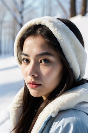 Her expression is serene yet formidable, embodying both the merciless aspect of winter and its silent, haunting beauty. Her lips are the shade of winterberries, a stark contrast to her pallid complexion, perhaps the only hint of warmth in her otherwise cold demeanor.