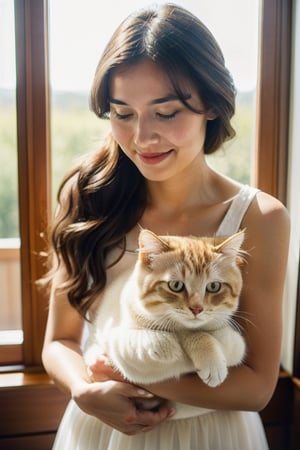 a youthful woman with a gentle smile cradling a fluffy cat. The shot, taken with a DSLR camera, boasts hyper-realistic detail. Sunlight filters through a nearby window, highlighting the intricate textures of the woman's light, airy dress and the soft, intricate fur patterns of the cat she holds lovingly. Each strand of hair, the subtle expressions in their eyes, and the delicate interplay of shadows and light are rendered with astounding clarity and depth. This image, rich in detail and emotion, showcases the bond between human and pet, evoking a sense of warmth and serenity.