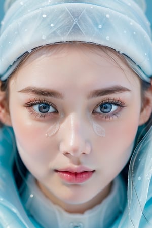 A (((vividly realistic ice woman portrait))), featuring intricate Details that convey a sense of cuteness, with frosty surfaces and (delicate patterns) that mirror the subject's essence