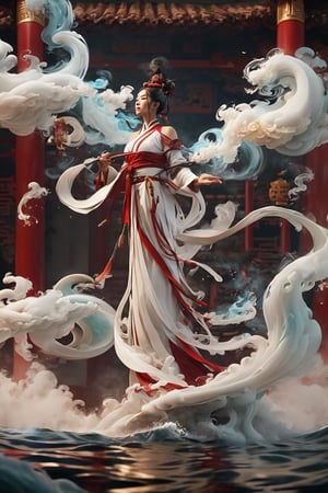 A Chinese Taoist woman wearing white Taoist robe, off shoulders, bar shoulders, single bun,cinematic light, perfect anatomy, (smoke:1.4), stand in water with front facing us, a drift of red smoke swirls around here, background is (Taoist temple:1.4), (swirls smoke:1.4), sharp focus, volumetric fog, 8k UHD, DSLR, high quality,