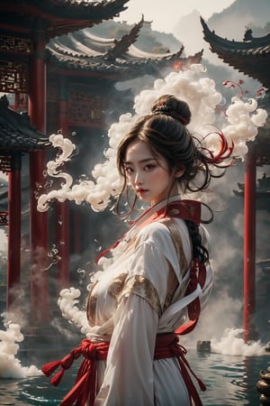 A Chinese Taoist woman wearing white Taoist robe, off shoulders, bar shoulders, single bun,cinematic light, perfect anatomy, (smoke:1.4), stand in water with front facing us, a drift of red smoke swirls around here, background is (Taoist temple:1.4), (swirls smoke:1.4), sharp focus, volumetric fog, 8k UHD, DSLR, high quality,LinkGirl
