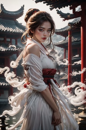 (RealisticPhoto:1.4), A European Taoist woman wearing white Taoist robe, off shoulders, bare shoulders, single bun,cinematic light, perfect anatomy, (smoke:1.4), stand in water with front facing us, a drift of red smoke swirls around here, background is (Taoist temple:1.4), (swirls smoke:1.4), sharp focus, volumetric fog, 8k UHD, DSLR, high quality, beautifual eyes, big eyes, pale sikn,LinkGirl