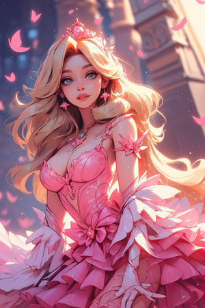 pretty princess in a pink dress with long platnium blonde wavy hair. She's in a pink castle