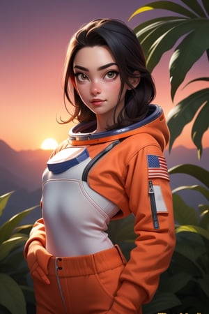 A MALE astronaut in an orange astronaut outfit, standing against a sunset background. The astronaut is positioned front facing and is shown from the waist up. The sunset provides a warm and vibrant color palette. The scene is surrounded by lush plants, adding a touch of nature to the composition. The image quality is top-notch and high-resolution, with ultra-detailed features. The style of the artwork is realistic, with vivid colors and professional craftsmanship. The lighting accentuates the astronaut's figure, creating a captivating atmosphere