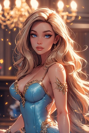 a barbie with big lips, blue eyes, strong jawline and platnium long wavy blonde hair. She's in a ballroom and her hair is flowing. She's wearing a sparkly dress
