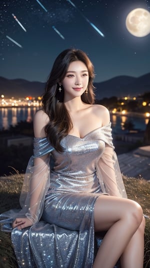 (1girl, off shoulder dinner dress, photo of perfecteyes eyes, happy, laugh, look at viewer, starry night, on the hill, moon light in background),full body shot, sitting, masterpiece, best quality, high resolution, UHD, realism, realistic, depth of field, raytraced,big breast, mystical, luminous, translucent, beautiful, stunning, a mythical being exuding energy, textures, breathtaking beauty, pure perfection, with a divine presence, unforgettable, and impressive.