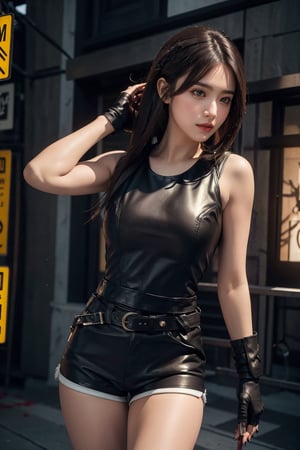 Best quality, masterpiece, ultra high res, cinematic, photorealistic, ultra-detailed, finely detailed, high resolution,girl1 girl, beautiful face, in a crime scene, detailed skin, black hair, blood, staring at viewer, dark brown eyes,floating hair, silver color dreadlocks hair, Athletic but Curvy Body Type, holding a futuristic Samurai sword handle, wearing black sexy black vest with short leather jacket, fingerless gloves, white shorts, nail polish