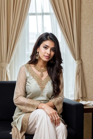 beautiful cute young attractive girl indian, teenage girl, village girl,18 year old,cute, instagram model,long black hair . Envision a Pakistani girl in a beautiful white shalwar kameez, seated elegantly in a luxurious hotel lounge, her chest subtly emphasized, exuding confidence and grace, adorned with exquisite jewelry including dangling earrings, Paperwork, intricate paper cutting with layered textures and delicate patterns, --ar 16:9 --v 5