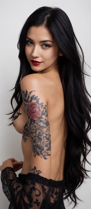 Generate hyper realistic image of a woman with long, flowing black hair cascading down her shoulders, her piercing blue eyes gazing directly at the viewer, framed by a subtle touch of makeup accentuating her features. Her lips, painted with a bold red lipstick, part slightly in an alluring smile, drawing attention to the delicate curve of her nose. A hint of a tattoo peeks out from the sleeve of her top, adding an intriguing element to her allure.