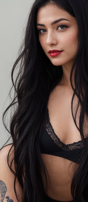Generate hyper realistic image of a woman with long, flowing black hair cascading down her shoulders, her piercing blue eyes gazing directly at the viewer, framed by a subtle touch of makeup accentuating her features. Her lips, painted with a bold red lipstick, part slightly in an alluring smile, drawing attention to the delicate curve of her nose. A hint of a tattoo peeks out from the sleeve of her top, adding an intriguing element to her allure.
