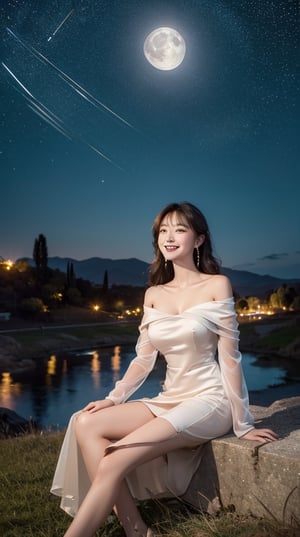 (1girl, off shoulder dinner dress, photo of perfecteyes eyes, happy, laugh, look at viewer, starry night, on the hill, moon light in background),full body shot, sitting, masterpiece, best quality, high resolution, UHD, realism, realistic, depth of field, raytraced,big breast, mystical, luminous, translucent, beautiful, stunning, a mythical being exuding energy, textures, breathtaking beauty, pure perfection, with a divine presence, unforgettable, and impressive.