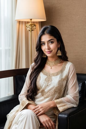 beautiful cute young attractive girl indian, teenage girl, village girl,18 year old,cute, instagram model,long black hair . Envision a Pakistani girl in a beautiful white shalwar kameez, seated elegantly in a luxurious hotel lounge, her chest subtly emphasized, exuding confidence and grace, adorned with exquisite jewelry including dangling earrings, Paperwork, intricate paper cutting with layered textures and delicate patterns, --ar 16:9 --v 5