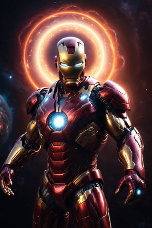 Iron Man, as a cosmic god, holding a planet in his hands. Dynamic pose, modern style, trending on ArtStation. Highly detailed, intricate armor, glowing energy lines, with hints of light on the planet and cosmic background. Nebula background, stars, galaxies. Cinematic lighting, dramatic atmosphere. 8K, hyperrealistic, rendered in Unreal Engine.