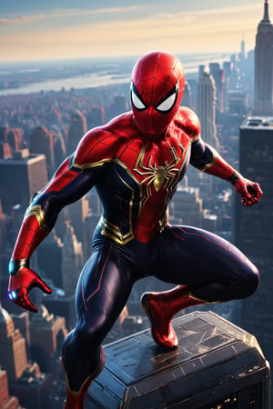 A detailed digital painting of Spider-Man in a dynamic pose set in the movie "Avengers endgame". The suit features a modern design with elements of the movie aesthetic of "avengers endgame" and high-tech details. The color scheme is a mix of dark and bright colors that contrast each other, with an emphasis on black, red, and gold. The image is rendered with maximum detail and post-processing, achieving photorealistic quality. The scene is set in top of the empire state bulding in new york

