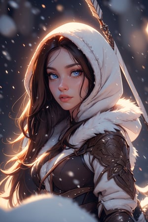 gorgeous woman with light brown hair, really rosy cheeks, blue eyes, full lips. She is hunting in the snowy woods and is carrying an arrow. She wears a brown fur hunting amazonian outfit. She wears a hood to hide her face. It is snowing, snow flakes are falling. She is shooting her arrow. Her face is focused and fierce. fantasy, dark fantasy, D&D, fairytale