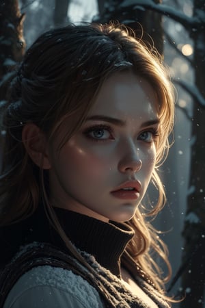 best quality,masterpiece, 1girl, adult  woman, light grey glowing eyes, big pouty lips, light brown wavy long hairstyle, ombre, solo, from front, front view, (full body:0.6), looking at camera, detailed background, detailed face, wearing a huntress outfit, intense expression, reflections, cinematic atmosphere, dark snowy forest background, fantasy aesthetic, dark fantasy, snow falling, snow storm 