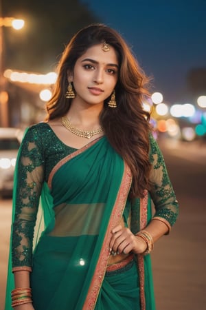 beautiful cute young attractive india teenage girl, City girl, 27 years old, cute, Instagram model, long brown_hair, colorful hair, warm, dacing, in city night ,1girl,pov,photorealistic, full body Woman, tradition , Indian tradition,Woman ,indian , green  saree  