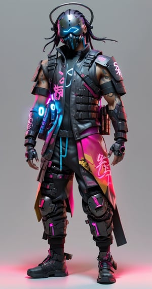 1soldier,samurai jacket (cyberpunk),Metal mask,standing,black bodysuit,shikoro,cyberpunk edgerunners,cyberpunk 2077,realistic,white background,csrlds