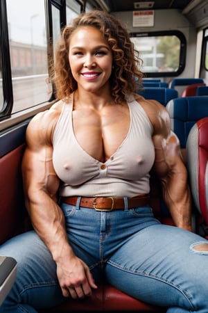 A heavily muscled iffb pro female bodybuilder, Ronda Rousey, portrait, face portrait, brown skin, smiling, red lips, full lips, chubby, voluptuous woman, brown hair, curly hair, glasses, button-down blouse, white blouse, belt, long jeans, sitting on the bus.