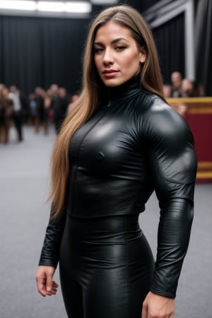  A heavily muscled iffb pro female bodybuilder, photo of  21 year old  Cris Cyborg, a woman as a movie star, modelshoot style, (extremely detailed CG unity 8k wallpaper), (portrait:1.3), photo of the most beautiful artwork in the world, professional majestic oil painting by Ed Blinkey, Atey Ghailan, Studio Ghibli, by Jeremy Mann, Greg Manchess, Antonio Moro, trending on ArtStation, trending on CGSociety, Intricate, High Detail, Sharp focus, dramatic, photorealistic painting art by midjourney and greg rutkowski, (long brown coat), (turtleneck), ((comicon event)), (leather trousers), ((standing on the red carpet)), ((paparazzi in the background)), (looking at viewer), (detailed pupils:1.3), (modern outfit:1.2), (closeup), red lips, (eye shadow)